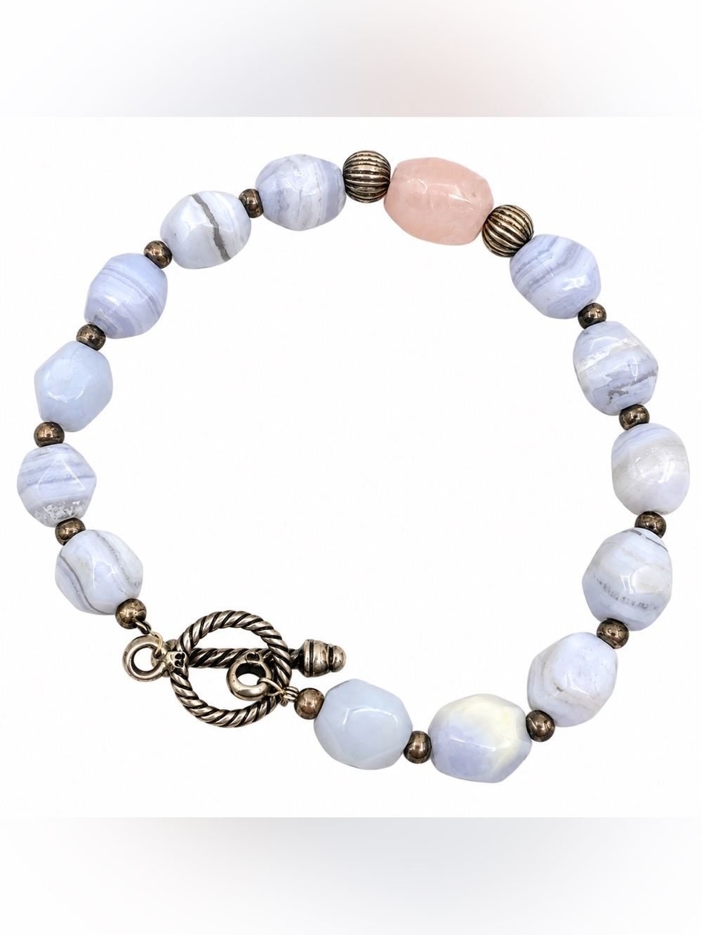 925 Sterling Silver Natural Stone Bracelet Blue Agate Pink Gemstone